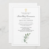 Eukalyptus Greenery Cross Erste Heilige Kommunion Einladung (Vorne/Hinten)