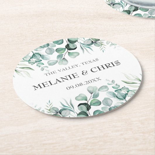 Eukalyptus Greenery Custom Boho Rustic Wedding Runder Pappuntersetzer (Angewinkelt)