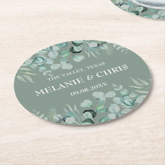 Eukalyptus Greenery Custom Boho Rustic Wedding Runder Pappuntersetzer (Angewinkelt)