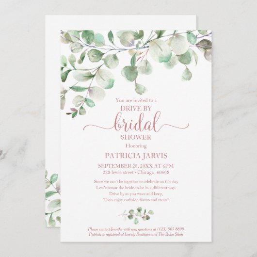 Eukalyptus Greenery Drive By Brautparty Einladung (Vorne/Hinten)