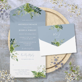 Eukalyptus Greenery Dusty Blue Monogram Wedding All In One Einladung