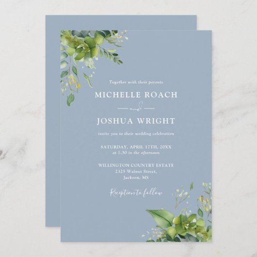 Eukalyptus Greenery Dusty Blue QR Code Wedding Einladung (Vorne/Hinten)