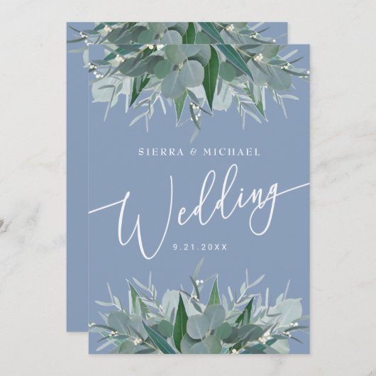 Eukalyptus Greenery Dusty Blue Wedding Einladung (Vorne/Hinten)
