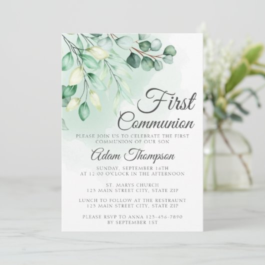 Eukalyptus Greenery Einfache Erste Kommune Einladung (Stehend Vorderseite)