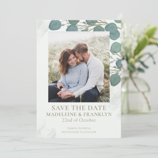 Eukalyptus Greenery Elegante Blätter Wasserfarben Einladung (Stehend Vorderseite)