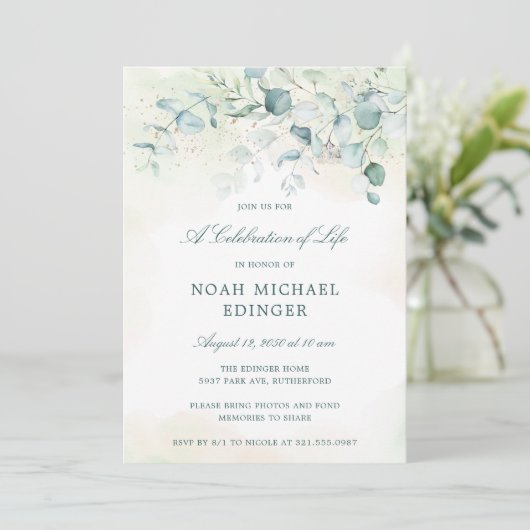 Eukalyptus Greenery Elegante Feier des Lebens Einladung (Stehend Vorderseite)