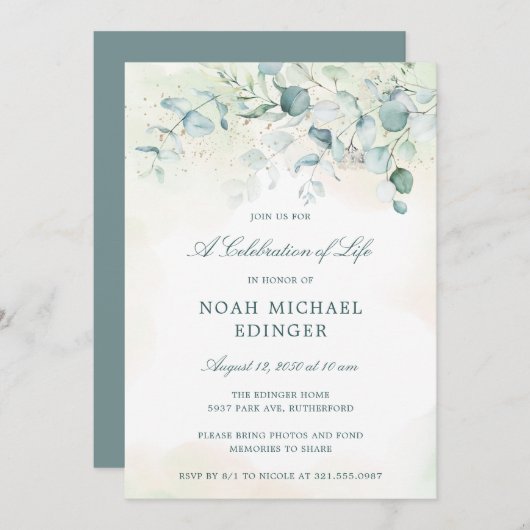 Eukalyptus Greenery Elegante Feier des Lebens Einladung (Vorne/Hinten)