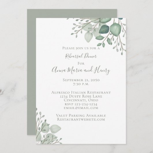 Eukalyptus Greenery Elegante Probe Abendessen Einladung (Vorne/Hinten)