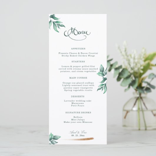 Eukalyptus Greenery Elegante Script Wedding Menükarte (Stehend Vorderseite)