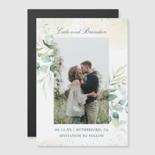 Eukalyptus Greenery Elegantes Foto Save the Date Magneteinladung (Vorne/Hinten)
