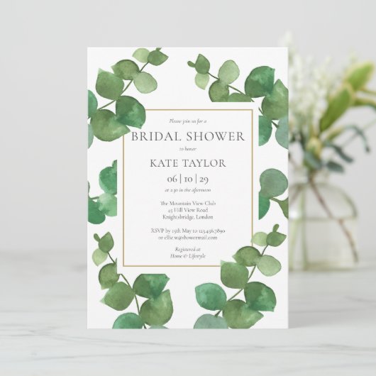 Eukalyptus Greenery Elegantes Gold Brautparty Einladung (Stehend Vorderseite)