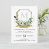Eukalyptus Greenery Elegantes Gold Wappen Hochzeit Einladung (Stehend Vorderseite)