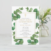 Eukalyptus Greenery Erste Heilige Kommunion Einladung (Stehend Vorderseite)