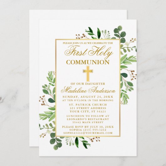 Eukalyptus Greenery Erste Kommunion Einladung (Vorne/Hinten)