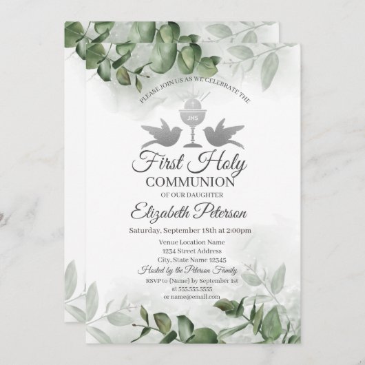 Eukalyptus Greenery Erste Kommunion Einladung (Vorne/Hinten)