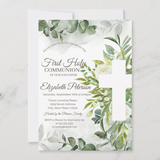 Eukalyptus Greenery Erste Kommunion Einladung (Vorderseite)