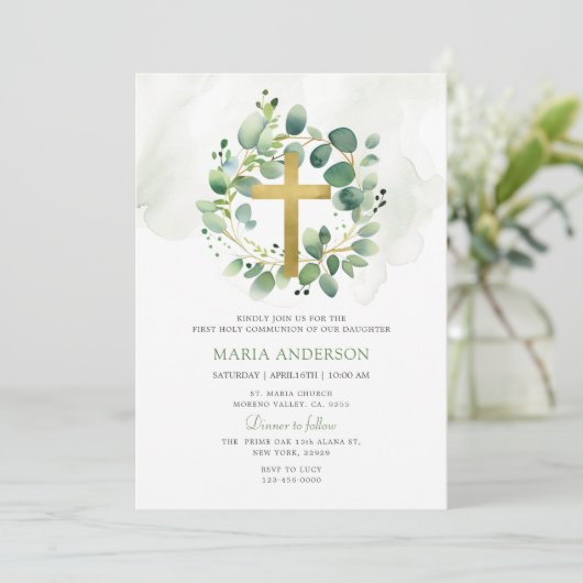 Eukalyptus Greenery Erste Kommunion Einladung (Stehend Vorderseite)