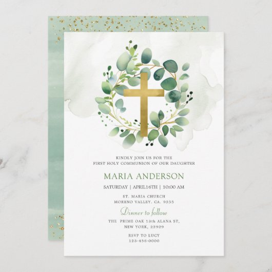 Eukalyptus Greenery Erste Kommunion Einladung (Vorne/Hinten)
