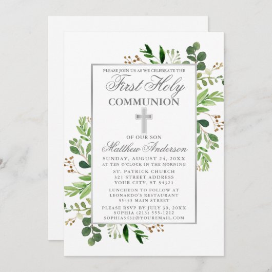 Eukalyptus Greenery Erste Kommunion Silver Einladung (Vorne/Hinten)