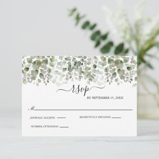Eukalyptus Greenery Formal Elegant Wedding RSVP Karte (Stehend Vorderseite)