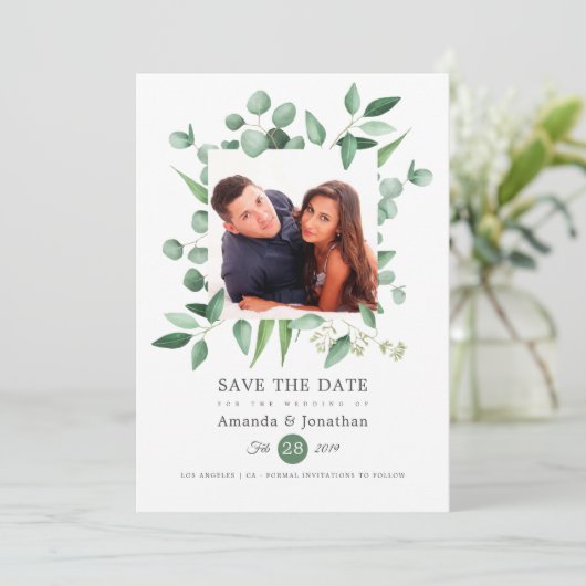 Eukalyptus Greenery Foto Wedding Save The Date (Stehend Vorderseite)