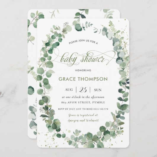 Eukalyptus Greenery Gender Neutral Baby Dusche Einladung (Vorne/Hinten)