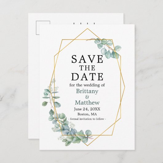 Eukalyptus Greenery Geo Frame Save the Date Postkarte (Vorne/Hinten)