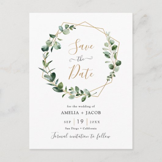 Eukalyptus Greenery Geometric Frame Save the Date Postkarte (Vorderseite)