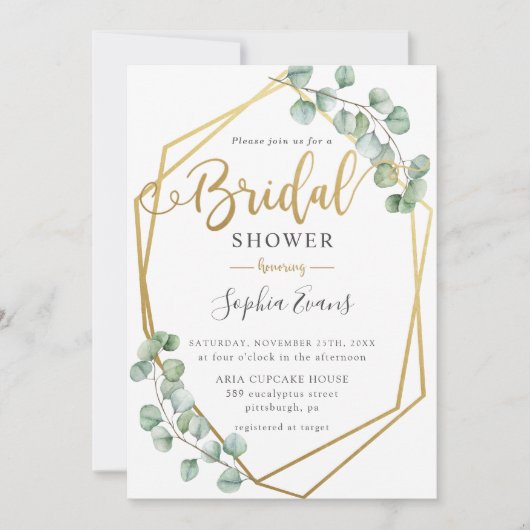 Eukalyptus Greenery Geometric Gold Brautparty Einladung (Vorderseite)