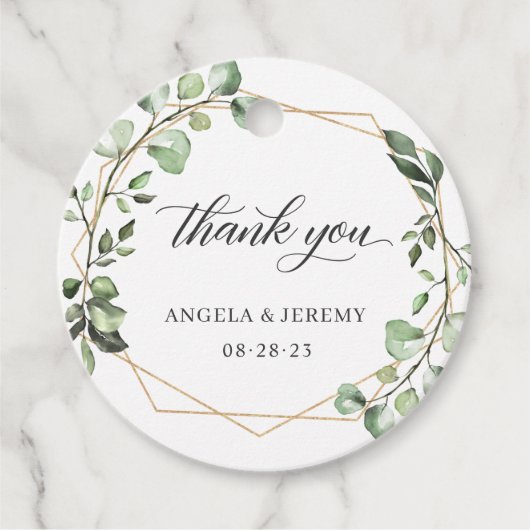 Eukalyptus Greenery Geometric Gold Frame Vielen Da Geschenkanhänger (Vorderseite)