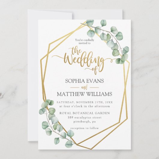 Eukalyptus Greenery Geometric Gold Frame Wedding Einladung (Vorderseite)