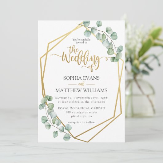 Eukalyptus Greenery Geometric Gold Frame Wedding Einladung (Stehend Vorderseite)