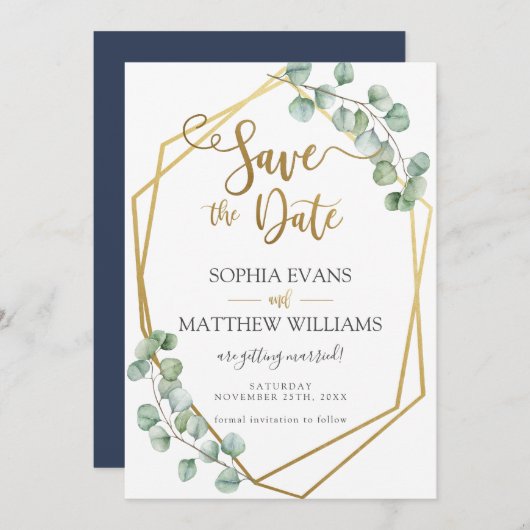 Eukalyptus Greenery Geometric Gold Save the Date Einladung (Vorne/Hinten)