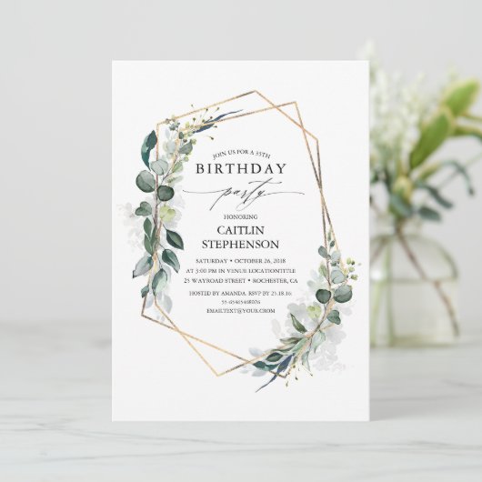 Eukalyptus Greenery Geometric Modern Birthday Einladung (Stehend Vorderseite)
