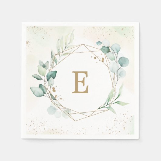 Eukalyptus Greenery Geometric Monogram Wedding Serviette (Vorderseite)
