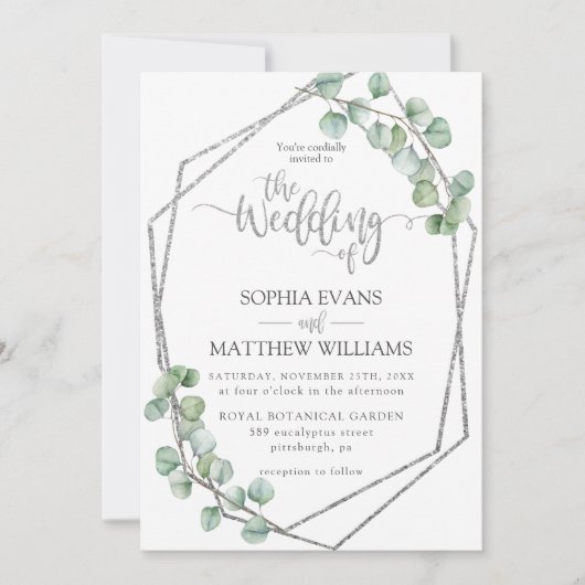 Eukalyptus Greenery Geometric Silver Frame Wedding Einladung (Vorderseite)