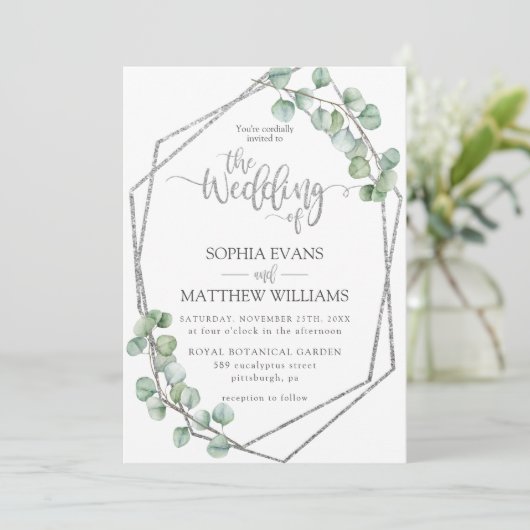 Eukalyptus Greenery Geometric Silver Frame Wedding Einladung (Stehend Vorderseite)