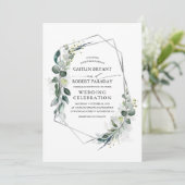 Eukalyptus Greenery Geometric Silver Frame Wedding Einladung (Stehend Vorderseite)