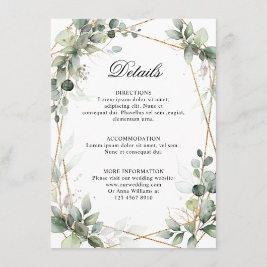 Eukalyptus Greenery Geometric Wedding Details Begleitkarte (Vorderseite)