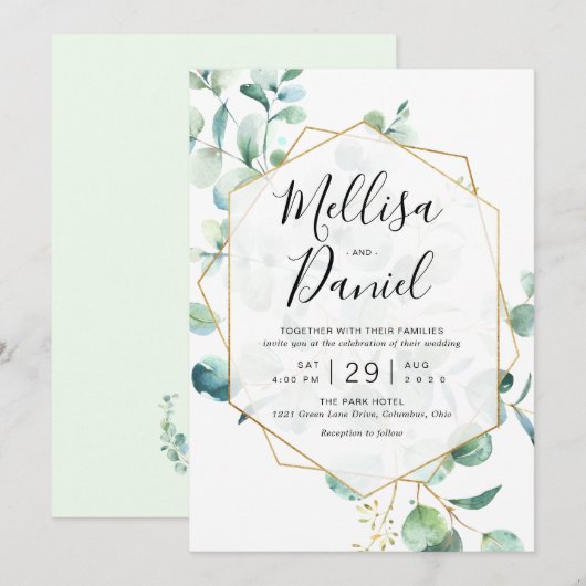 Eukalyptus Greenery Geometric Wedding Einladung (Vorne/Hinten)