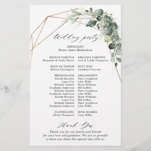 Eukalyptus Greenery Geometric Wedding Program (Rückseite)