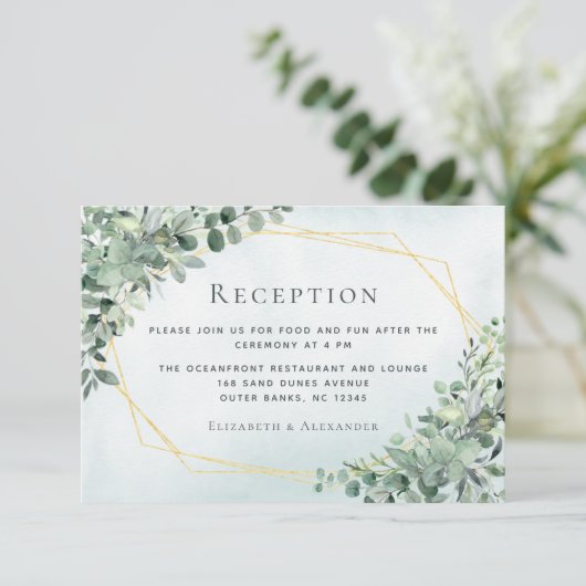 Eukalyptus Greenery Geometric Wedding Reception Begleitkarte (Stehend Vorderseite)