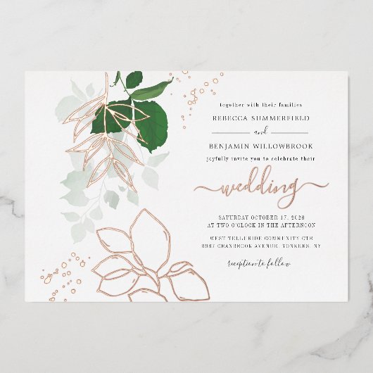 Eukalyptus Greenery Geometric Wedding Rose Gold Folieneinladung (Vorderseite)