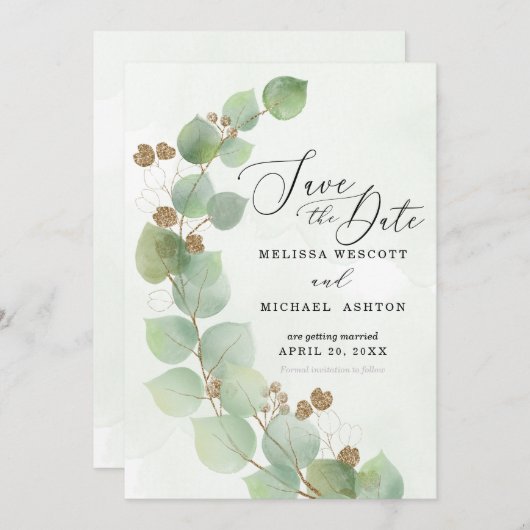 Eukalyptus Greenery Gold Akzent Save The Date (Vorne/Hinten)
