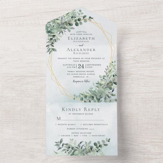 Eukalyptus Greenery Gold All in one Wedding Einlad All In One Einladung (Innen Boden)