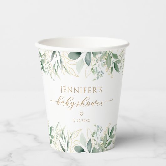 Eukalyptus Greenery Gold Baby Shower Pappbecher (Vorderseite)