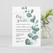Eukalyptus Greenery & Gold Baby Sprinkle Invitati Einladung (Stehend Vorderseite)