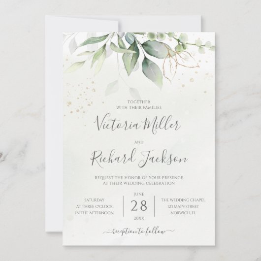 Eukalyptus Greenery Gold Blätter Botanische Hochze Einladung (Vorderseite)