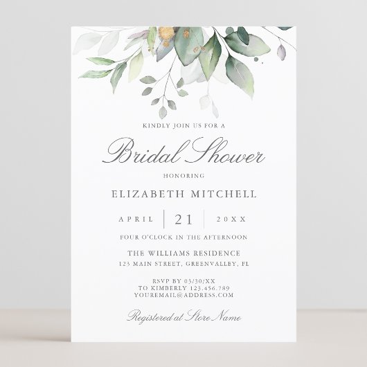 Eukalyptus Greenery Gold Blätter Brautparty Einladung