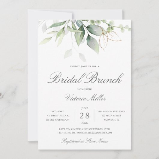 Eukalyptus Greenery Gold Blätter Bridal Brunch Einladung (Vorderseite)